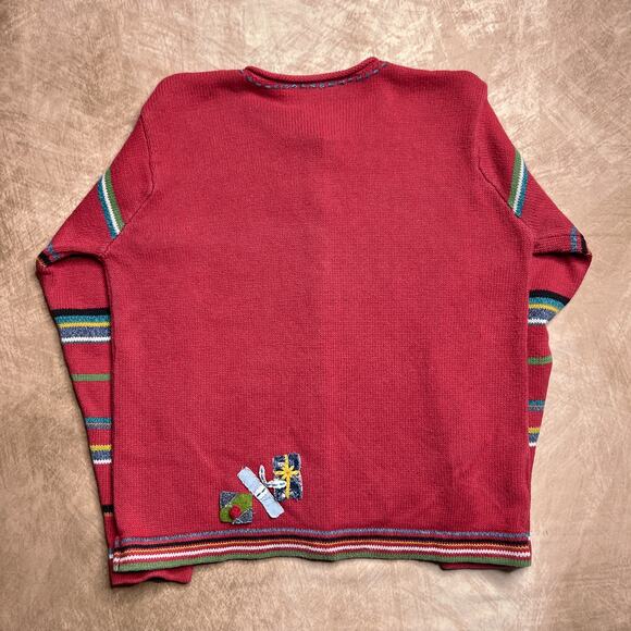 Vintage 90s Susan Bristol Patchwork Embroidered Present Sweater Cardigan Red - Picture 2 of 7